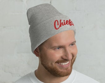 KC Script Chiefs wintermuts, Kansas City Chiefs-geïnspireerde grijze voetbalclubkouspet, zachte warme geborduurde gebreide muts met manchetten, uniseks