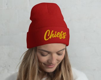 KC Script Chiefs wintermuts, op Kansas City Chiefs geïnspireerde rode voetbalclubkouspet, zachte warme geborduurde gebreide muts met manchet, uniseks