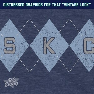 Kansas City Soccer T-shirt, Sporting-Inspired Argyle Diamonds Club Heather Navy Tee close-up details of distressed graphics