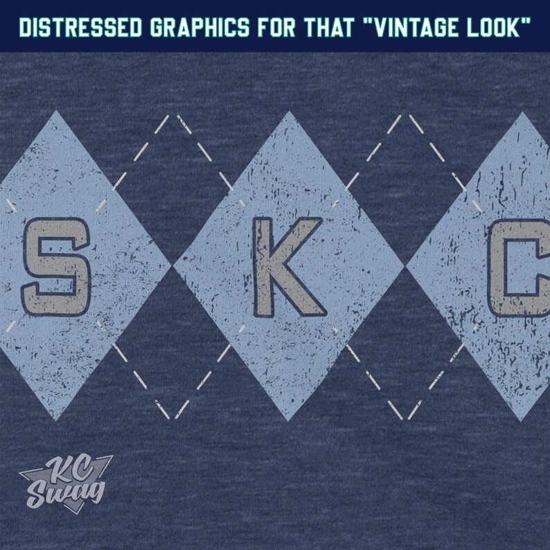Kansas City Soccer T-shirt, Sporting-Inspired Argyle Diamonds Club Heather Navy Tee close-up details of distressed graphics