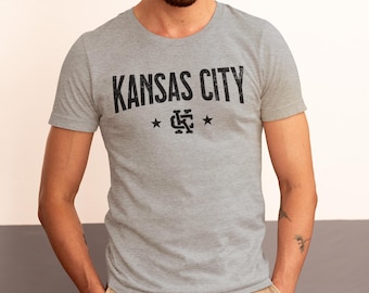 Kansas City Bridge T-shirt, Interlocking KC Stars Midwest Pride Tee, Hometown Heartland Vibes Shirt, KC Fan Gift Idea, Gray Unisex T-Shirt