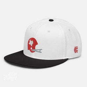 KC Texans Helmet Chiefs-Inspired Hat, Kansas City Throwback Headwear, High-Profile White Snapback Cap, Black Flat-Brim Visor, Embroidered