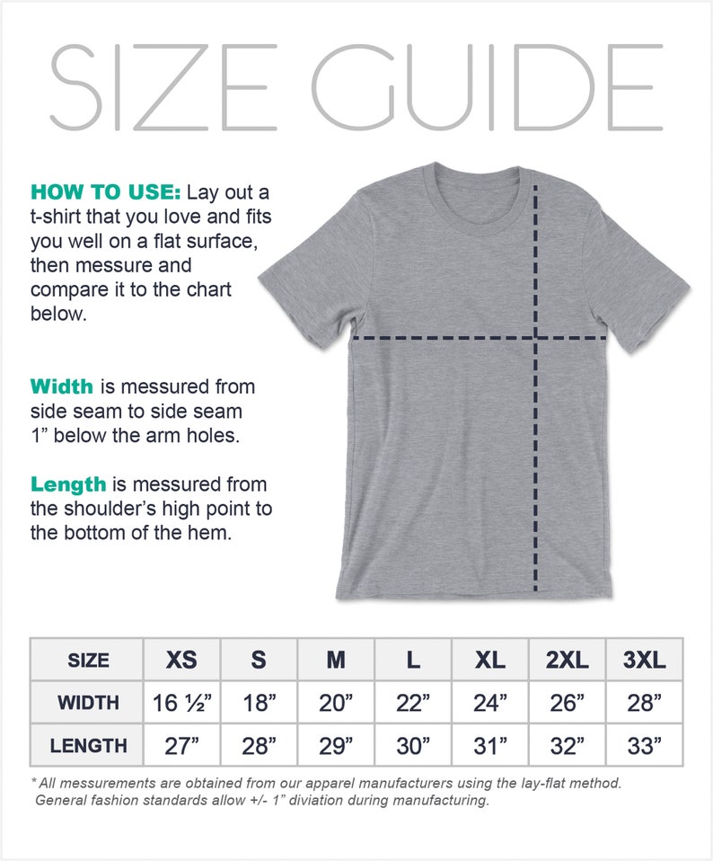 Puede incluir: Tabla de tallas para camisetas con medidas en pulgadas para el ancho y la longitud. Las tallas van de XS a 3XL.  "C&Oacute;MO USAR: Extiende una camiseta que te guste y que te quede bien sobre una superficie plana, luego m&iacute;dela y comp&aacute;rala con la tabla de abajo."  "El ancho se mide de costura lateral a costura lateral, 1 pulgada por debajo de las sisas. La longitud se mide desde el punto m&aacute;s alto del hombro hasta el dobladillo inferior."  "Todas las medidas se obtienen de nuestros fabricantes de ropa utilizando el m&eacute;todo de colocaci&oacute;n plana. Los est&aacute;ndares generales de la moda permiten una desviaci&oacute;n de +/- 1 pulgada durante la fabricaci&oacute;n."