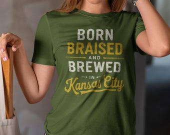 Kansas City BBQ & Beer T-Shirt, Born Braised Brewed In KC Brewery Vibes, Kansas City Smoked Barbecue Grilling Foodie Lover Tee, Olive Unisex