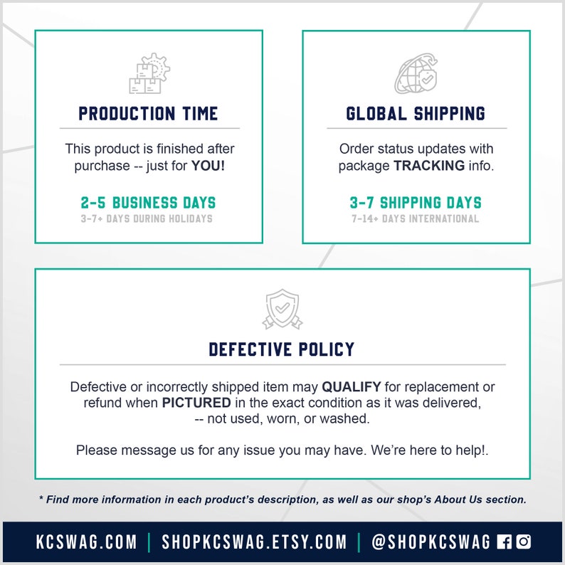 KC Swag production & policies information