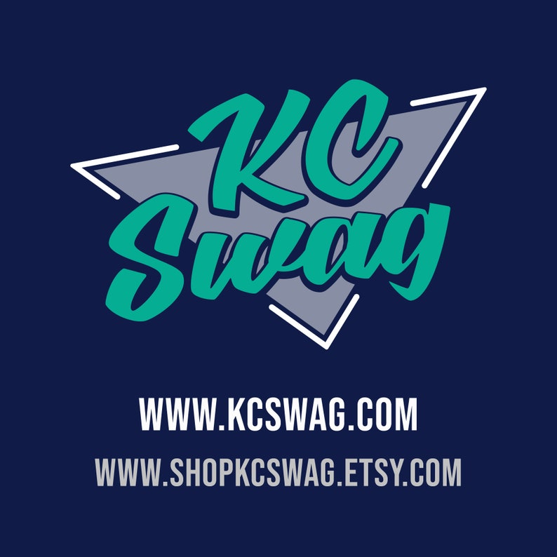 Puede incluir: Un logotipo azul turquesa y blanco con el texto "KC Swag" y las direcciones de los sitios web "www.kcswag.com" y "www.shopkcswag.etsy.com".