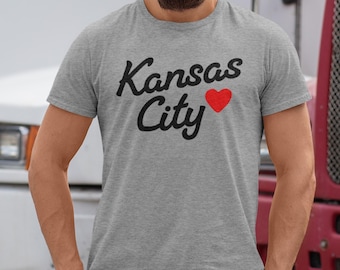 KC Cursive Heart T-shirt, Classic Kansas City Love Midwest Pride Tee, Hometown Heartland Vibes Shirt, KC Fan Gift Idea, Gray Unisex T-Shirt