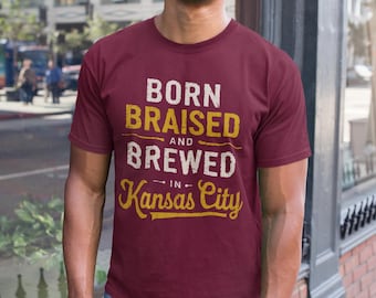 Kansas City BBQ & Beer T-Shirt, Born Braised Brewed In KC Brewery Vibe, Kansas City Smoked Barbecue Grilling Foodie Lover Tee, Maroon Unisex