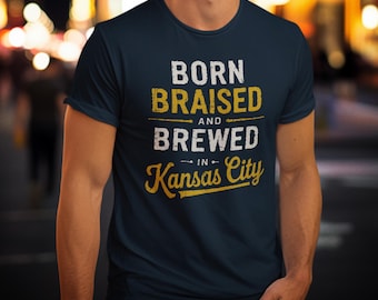 Kansas City BBQ & Beer T-Shirt, Born Braised Brewed In KC Brewery Vibes, Kansas City Smoked Barbecue Grilling Foodie Lover Tee, Navy Unisex