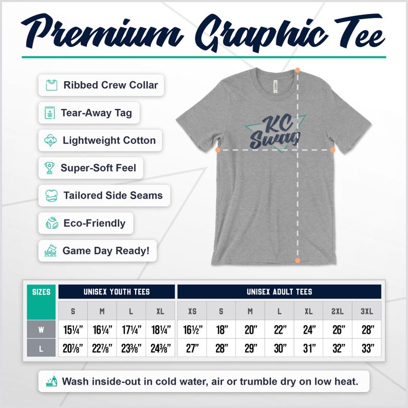 May include: A gray t-shirt with a teal blue and white graphic that says "KC Swag". The t-shirt is a unisex style and is available in youth and adult sizes. The t-shirt is made of lightweight cotton and has a ribbed crew collar, tear-away tag, and tailored side seams.