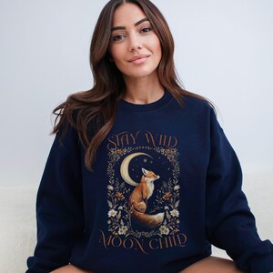 Stay Wild Moon Child Sweatshirt, Boho Witchy Vibes, Cottagecore Fox Jumper, Unisex Crewneck Pullover, Cozy Winter Sweater