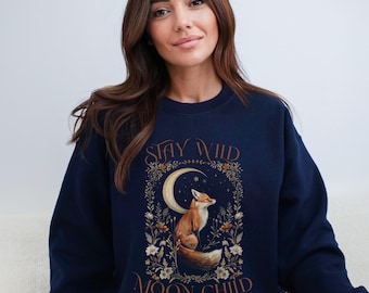 Stay Wild Moon Child Sweatshirt, Boho Witchy Vibes, Cottagecore Fox Jumper, Unisex Crewneck Pullover, Cozy Winter Sweater