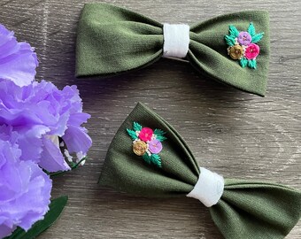Hand Embroidered Linen Hair Bow Tie: Floral Girl's Bow - Christmas Gift