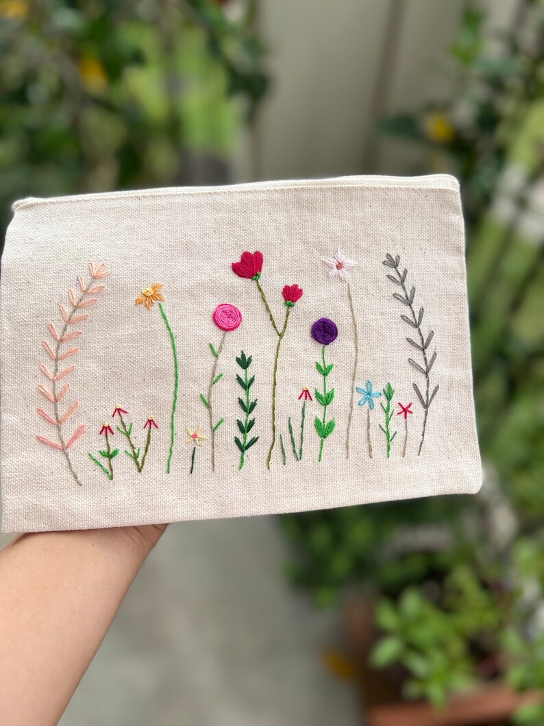 Embroidered Wildflower Meadow Zippered Pouch main image 1