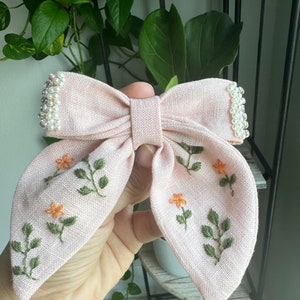 Handmade Embroidered Hair Bow - Soft Girl Aesthetic Hair Accessory -  Wedding and Special Occasion Accessory
