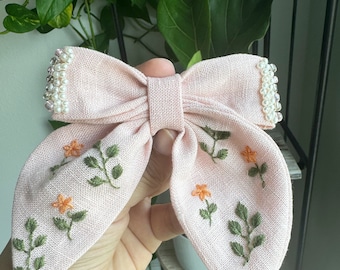 Handmade Embroidered Linen Hair Bow: Floral Accessory