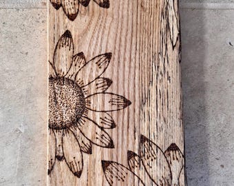 Sunflower wood burning wall art rustic recycled upcycled pyrography chunky spalted ash cabin floral design, live edge