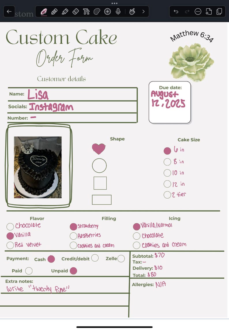 Editable Custom Cake Order Form | Printable Cake Order Sheet | Digital ...