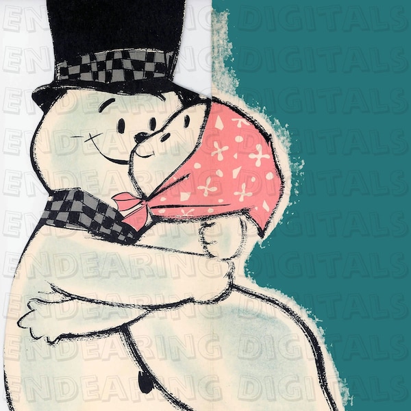 Vintage Mr. and Mrs Snowman Couple 1960s Mid Century Snow Love 5x4 Digital Download Illustration