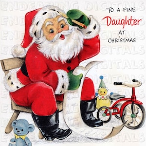 Cartolina di Natale vintage di Babbo Natale degli anni '60 che controlla la sua lista per la figlia 5x4 Download digitale illustrazione