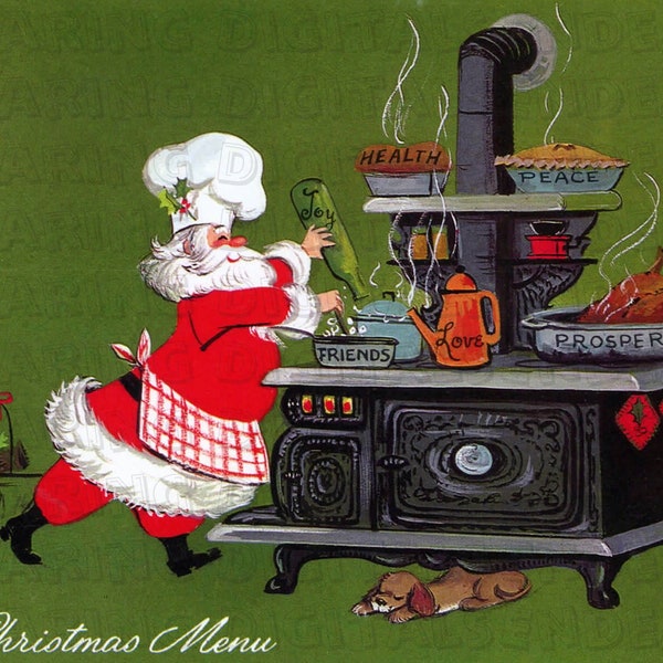 Vintage 1960s Santa Chef Christmas Card Cooking Food 6x4 Digital Download Illustration