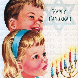 Vintage Children's Hanukkah Card 1960s Niño y niña con Menorah 6x5 Ilustración de descarga digital