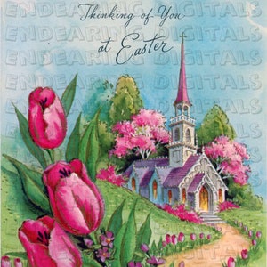 Vintage Osterkarte 1960er Jahre Kirche Szene mit Blumen Digital Download Illustration