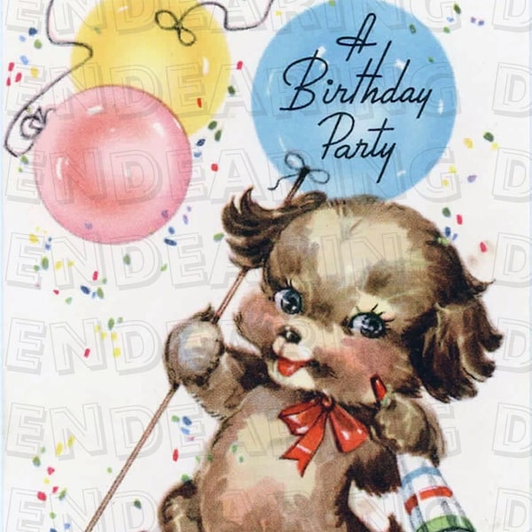 Vintage Children's Party Invitation 1940s Birthday Card with Puppy Dog and Balloons Invite 3.5-x-2.5 Digital Download Illustration