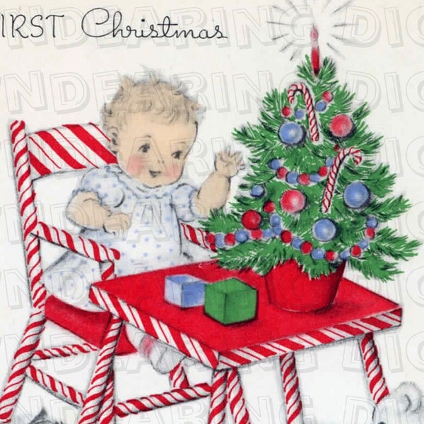 Vintage Children's Christmas Card Baby High Chair Candy Cane 1940s 3x4 Digital Download Illustration