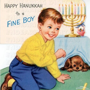 Carte de Hanoukka pour enfants vintage des années 1960 Fine Boy avec illustration en téléchargement numérique Menorah