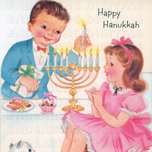 vintage Carte de Hanoukka pour enfants des années 1960 Petit garçon et fille avec Menorah Illustration de téléchargement numérique