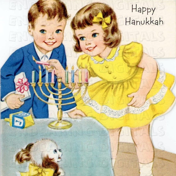 Vintage Children's Hanukkah Card 1960s Little Boy and Girl with Menorah Digital Download Illustration