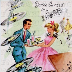 Vintage uitnodiging voor feest jaren 1950 jaren 1960 Retro platenspeler dansers Mid Century moderne 4 x 3 digitale download illustratie