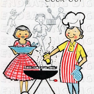 Vintage uitnodigingskaart voor feest jaren 1960 Cookout paar Bar-B-Que Mid Century 3x4 digitale download illustratie