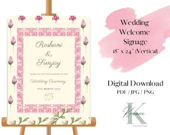 Wedding/Haldi Welcome Sign, Indian Gujarati Wedding Ceremony Board, Personalised Template Digital File, blush pink floral design,