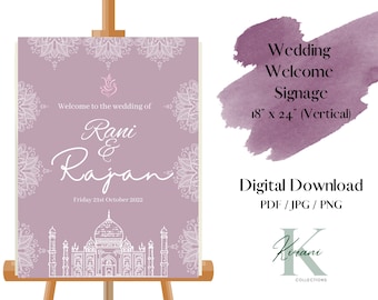 Wedding Welcome Sign, Indian Gujarati Wedding Ceremony Board, Personalised Template Digital File, purple floral design,