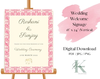 Mehendi, Welcome Sign, South Asian Wedding Ceremony Board, Personalised Template Digital File, Pink anita design
