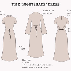 Puede incluir: Ilustraci&oacute;n del vestido "Nightshade" con silueta en A, cuello alzado y cierre de cuello con abertura. El vestido midi se muestra con mangas cortas y opciones de mangas largas acampanadas en tallas S, M y L. La parte trasera tiene un dise&ntilde;o fruncido.