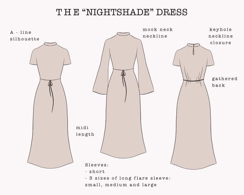 Puede incluir: Ilustraci&oacute;n del vestido "Nightshade" con silueta en A, cuello alzado y cierre de cuello con abertura. El vestido midi se muestra con mangas cortas y opciones de mangas largas acampanadas en tallas S, M y L. La parte trasera tiene un dise&ntilde;o fruncido.