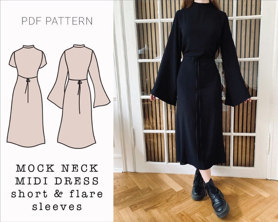 Mock neck midi dress with flare sleeves PDF pattern | pdf printable sewing pattern