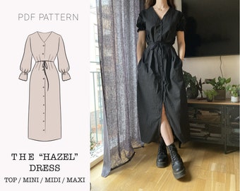 "Das ""Hazel"" Kleid und Shirt |." V-Auschnitt Button up Kleid mit Taschen PDF Schnittmuster | pdf druckbares Schnittmuster