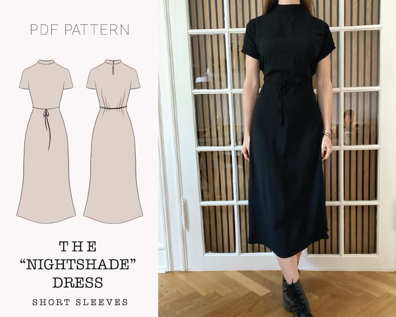 May include: A black midi dress with short sleeves and a tie at the waist. The dress is called "Nightshade" and is a PDF pattern for sewing.
