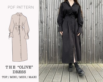 The "Olive" Dress and Shirt | Button up dress with tied sleeves and pockets PDF pattern | pdf printable sewing pattern