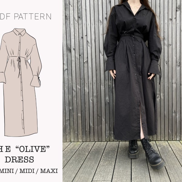 Das "Olive" Kleid und Shirt | Geknöpftes Kleid mit gebundenen Ärmeln und Taschen PDF Schnittmuster | pdf druckbares Schnittmuster