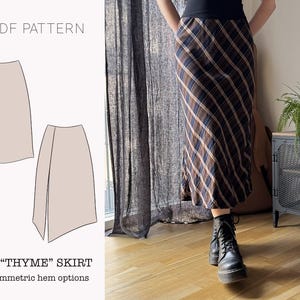 May include: PDF pattern for a skirt called "The Thyme" skirt with asymmetric hem options. The pattern is shown on a white background with a line drawing of the skirt in two different styles.