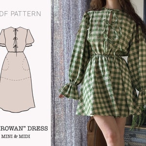 May include: A PDF sewing pattern for a green and white gingham dress with a tie at the back. The pattern is called "The Rowan Dress" and is available in mini and midi lengths.