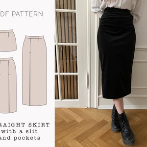 Straight skirt with slit PDF sewing pattern | Mini Midi Maxi skirt printable pdf