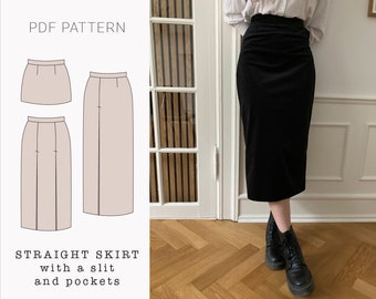 Straight skirt with slit PDF sewing pattern | Mini Midi Maxi skirt printable pdf