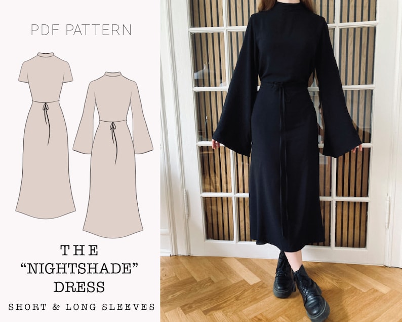 Puede incluir: Un vestido negro con mangas largas acampanadas y cuello alto. El vestido se ci&ntilde;e a la cintura con un lazo. La imagen tambi&eacute;n muestra un patr&oacute;n para el vestido "Nightshade" con opciones de manga corta y larga.