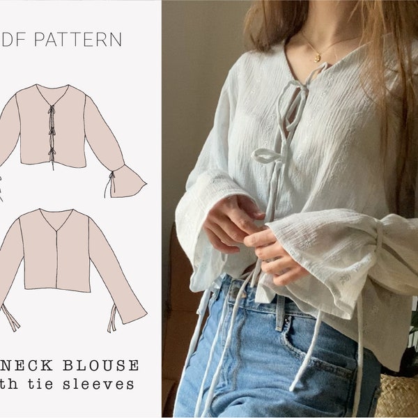 V - neck blouse with tie sleeves PDF pattern | pdf printable sewing pattern